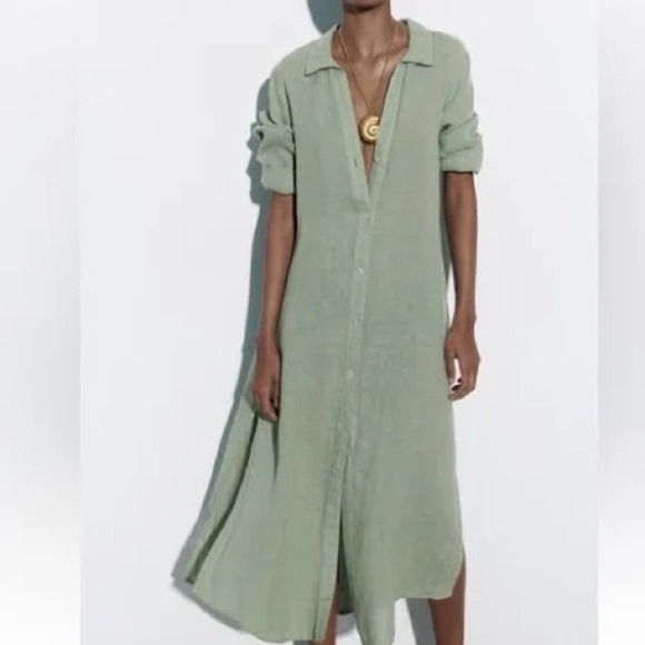 Zara Dresses & Skirts - Zara Linen Button front shirt midi dress Sage Green - XS